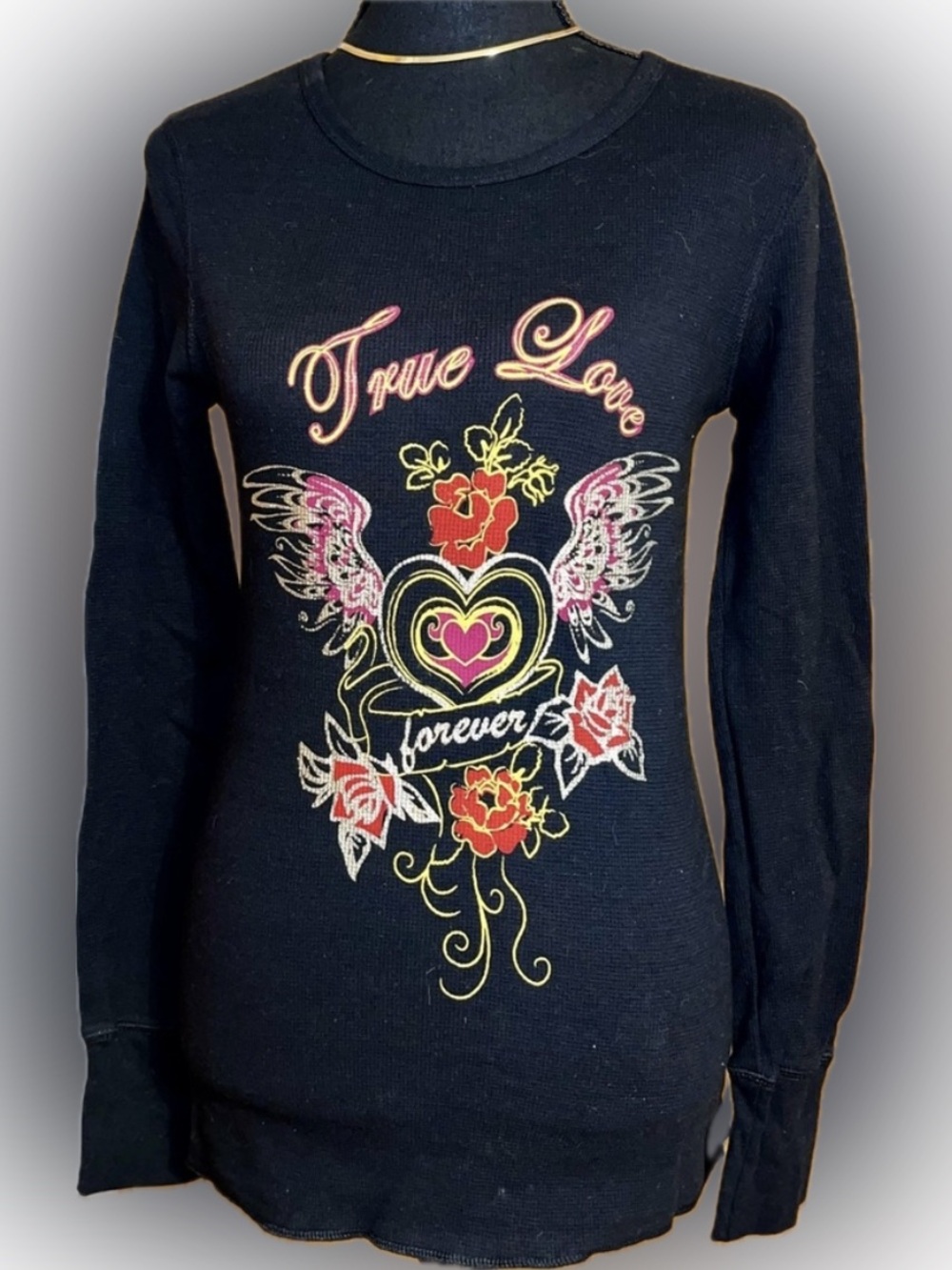 Painted Rum NWT Black Waffle Knit Tattoo Graphic Tee Shirt Y2K Long Sleeve Small